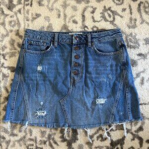 Free People Denim Button Fly Distressed Raw Hem Denim A-Line Skirt Size 30